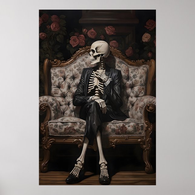 Poster Esqueleto Sentado no Sofá Impressão, Floral Vitori (Frente)