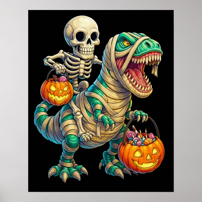 Poster Esqueleto Whimsso Andando Múmia T-Rex Halloween (Frente)