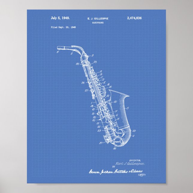 Poster Esquema de Arte Patente da Saxofone 1949 (Frente)