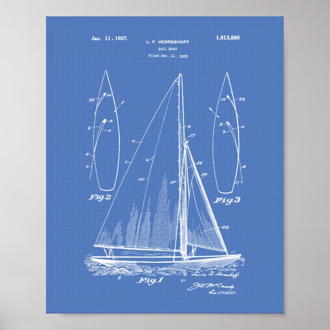 Poster Esquema de arte patenteada do Sail Boat 1927 (Frente)