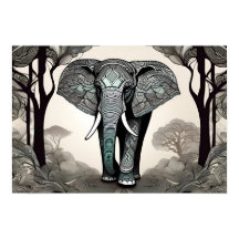 Esquema de elefante Whimsical - Preto e Branco com