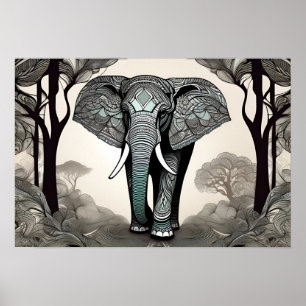 Poster Esquema de elefante Whimsical - Preto e Branco com