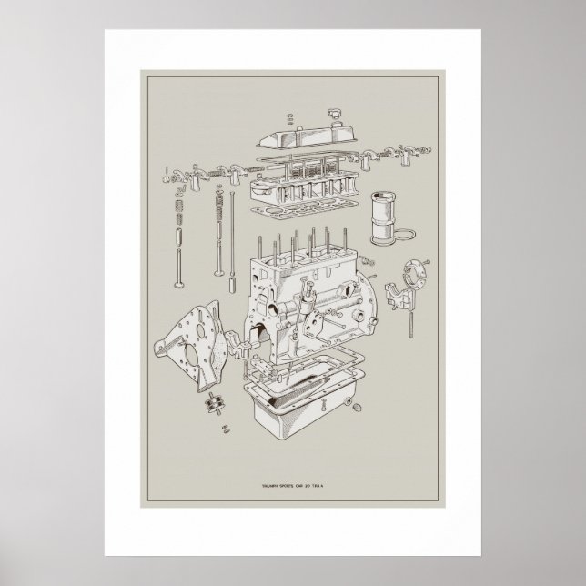 Poster esquemático do motor TR4A Triumph - Off-Whi (Frente)