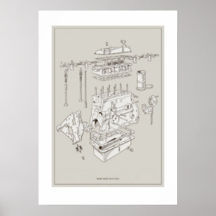 Poster esquemático do motor TR4A Triumph - Off-Whi