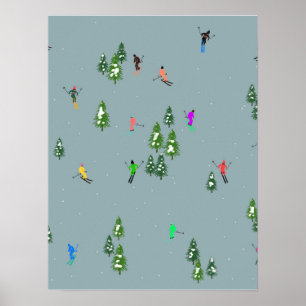 Poster Esqui Abrindo Natal Esquiando esquiadores azuis