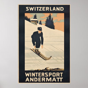 Poster Esqui Alpes Andermatt Suíça Viagem Vintage