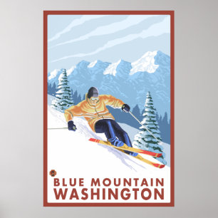 Pôster Esquiador da neve de Downhhill - montanha azul,