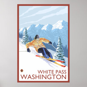 Poster Esquiador da neve de Downhhill - passagem branca,