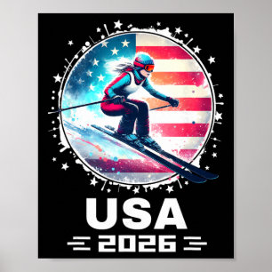 Poster Esquiadora Esqui EUA Equipe 2026 Esqui Bandeira Am