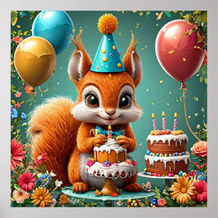 Poster Esquilo adorável comemorando aniversário