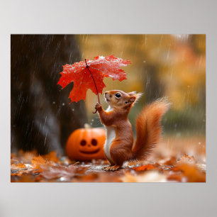 Poster Esquilo bonito com guarda-chuva de folha - Chuva d