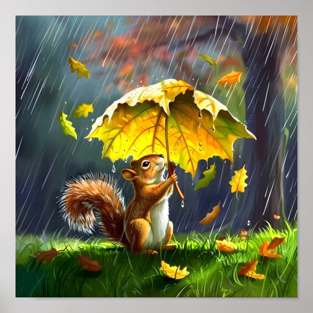 Poster Esquilo Com Um Guarda-Chuva Folha (Frente)