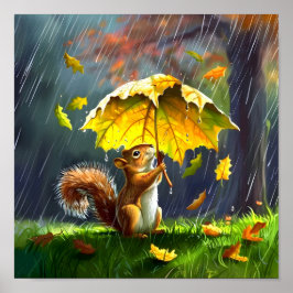 Poster Esquilo Com Um Guarda-Chuva Folha