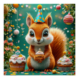 Pôster Esquilo de Aniversário   Festa Adorável de Animais