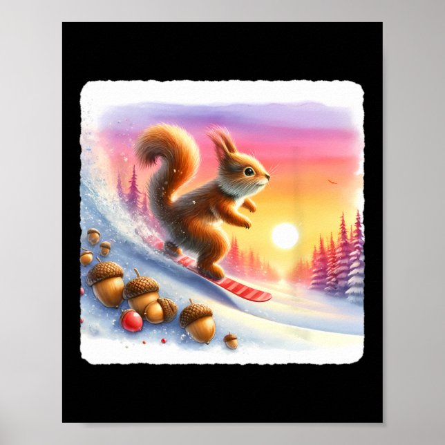 Poster Esquilo De Snowboard Em Slope Fresco No Sunset. A (Frente)