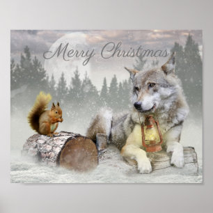 Poster Esquilo do Lobo Fofo Fresco de Inverno Natal Natal