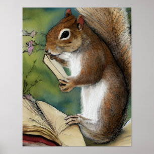 Poster Esquilo em Aquarela Lendo um Livro