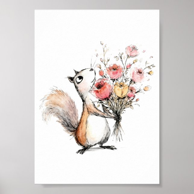 Poster Esquilo Fofo com Buquê de Flores (Frente)