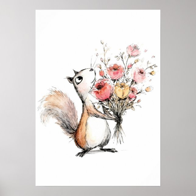 Poster Esquilo Fofo com Buquê de Flores (Frente)