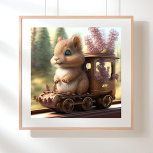 Poster Esquilo Fofo em um Trem Arte Personalizada para Be