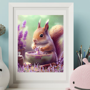 Poster Esquilo Fofo nos Campos de Lavanda Arte Jardim de