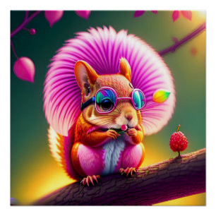 Pôster Esquilo Rosa Na Ramificação