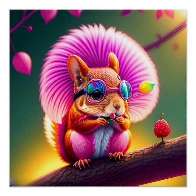 Pôster Esquilo Rosa Na Ramificação (Frente)