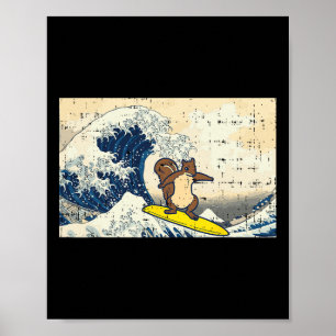 Poster Esquilo Surfando Onda Japonesa Arte Divertida Home