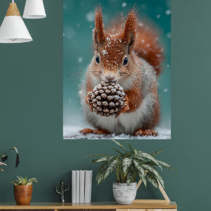 Poster Esquilo Vermelho Adorável na Neve com um Pinecone