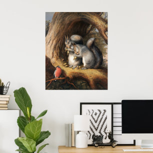 Poster Esquilos Antigos e Arte Florestal de Pássaros da F