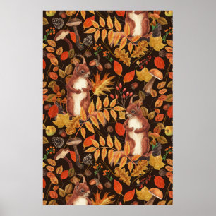 Poster Esquilos outonais e flora em marrom escuro