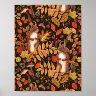 Poster Esquilos outonais e flora em marrom escuro
