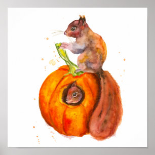 Poster Esquilos Pintados Com Um Carro De Pumpkin Outono