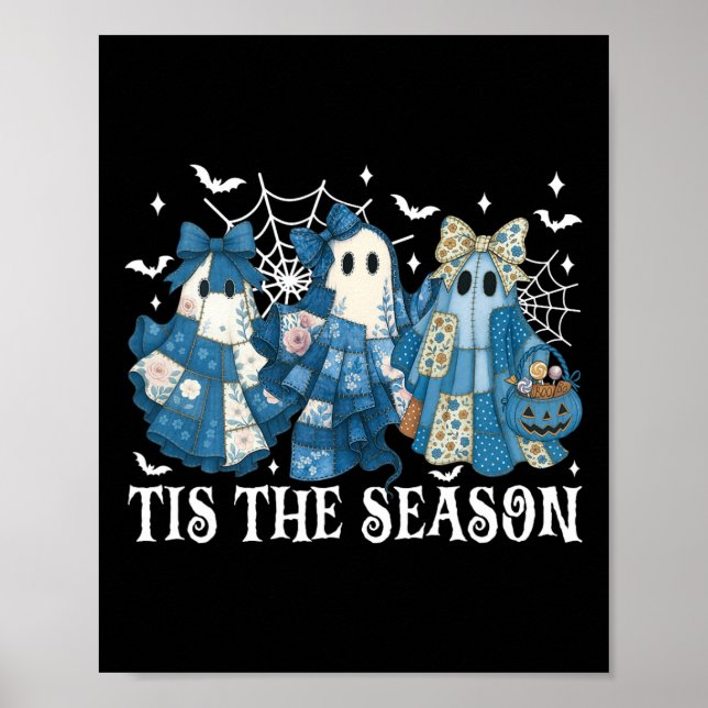 Poster Esta É A Época Blue Patchwork Ghost Pumpkin Spooky (Frente)