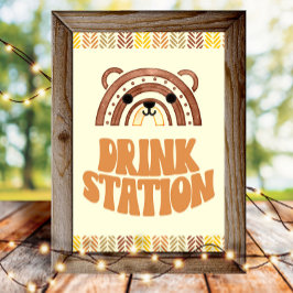 Poster Estação de Bebidas 4x6 Boho Woodland Urso Aniversá