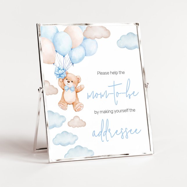 Poster Estação de Envelope Chá de fraldas Balão de Urso A (Blue Baby Bear Balloon Baby Shower Envelope Station Sign)