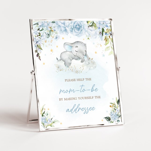 Poster Estação de Envelope do Chá de fraldas Elefante Flo (Blue Floral Sleeping Elephant Baby Shower Envelope Station Sign)