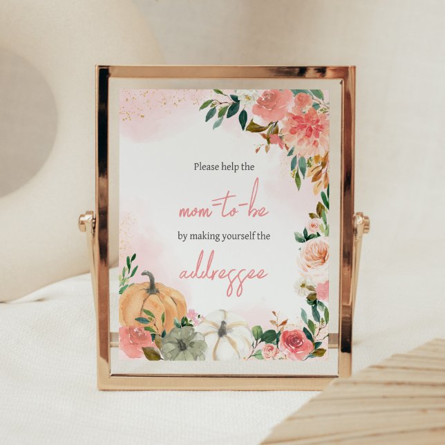 Poster Estação de Envelope Floral de Abóbora Floral de ou (Autumn Floral Pumpkin Baby Shower Envelope Station Sign)