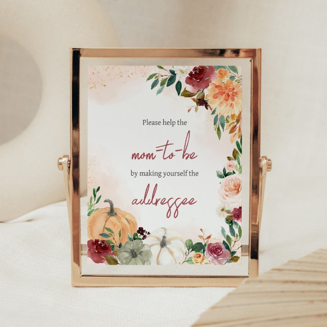 Poster Estação de Envelope Floral de Pumpkin em Queda Bur (Fall Floral Pumpkin Baby Shower Envelope Station Sign)