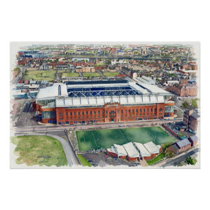 Pôster Estádio histórico Ibrox Glasgow Arte Aquarela