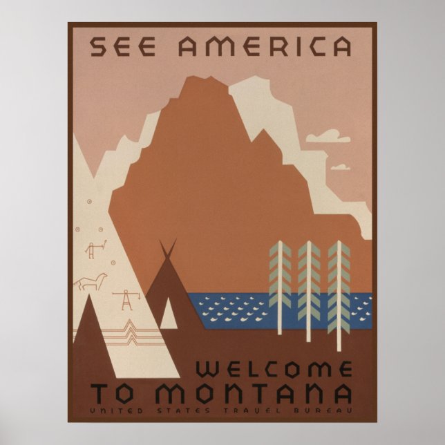 Poster Estado de Montana: Tribos Indianas, Montanhas, Pra (Frente)