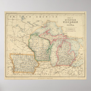 Pôster Estados de Michigan, de Wisconsin e de Iowa