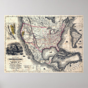 PÔSTER ESTADOS UNIDOS CALIFÓRNIA DOURADA RUSH MAP 1849