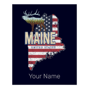 Pôster Estados Unidos Maine Map Vintage EUA Souvenir