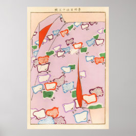 Poster Estampa de Arte de Quimono Japonês Galinhas Colori