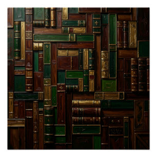 Pôster Estante de Livros de Biblioteca Antiga Verde Doura