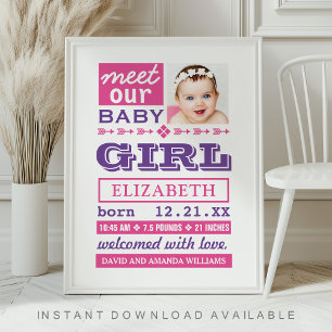 Poster Estatísticas de Nascimento de Bebê Menina Rosa Mod
