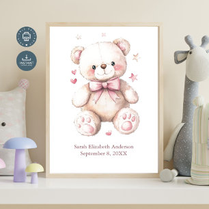 Poster Estatísticas de Nascimento Ursinho Rosa Menina Beb