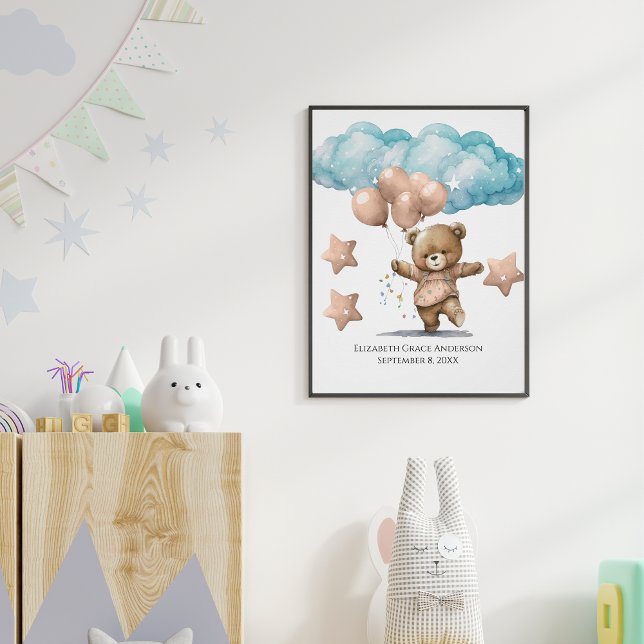Poster Estatísticas de Nascimento Urso Bebê Rosa Nuvens A (Criador carregado)