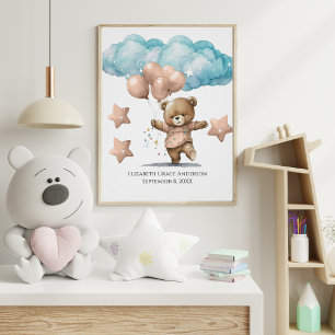 Pôster Estatísticas de Nascimento Urso Bebê Rosa Nuvens A